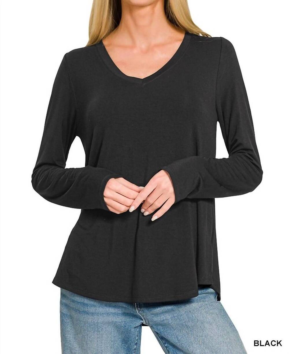 NEW ZENANA v-neck long sleeve basic top in black